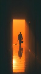 A man is walking down a hallway with a bucket and a mop