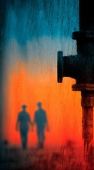 A couple walking in the rain with a pipe in the background