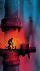 A man is riding a bike in front of a rusty pipe