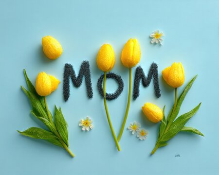 Yellow tulips spelling "MOM