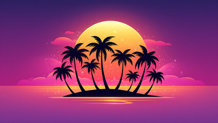 Tropical Island Sunset: Vibrant 80s Retro Style Palm Tree Silhouette Illustration