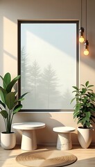 Modern interior scene with plants tables and pendant lights casting shadows from a frosted window