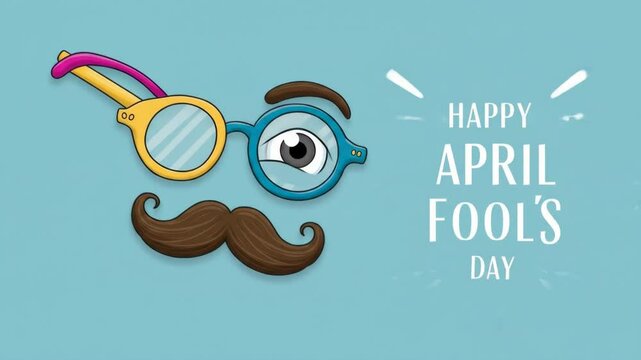 Happy April Fool's Day Cartoon Character - A playful illustration features a cartoon face with oversized glasses, a mustache, and a single large eye, set against a light blue background with the text