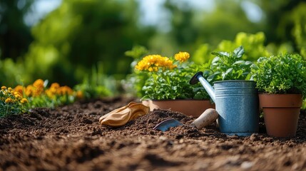 Garden tools for leisure including spades, gloves, watering cans, and soil arranged in home garden scenes for hobbyist planting, seasonal care, and outdoor relaxation visuals