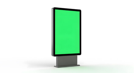 Blank green screen digital advertising display kiosk or totem on white background for mockup template