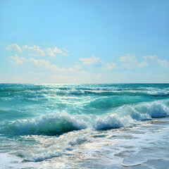 Infinite Turquoise: Capturing the Mesmerizing Dance of Ocean Waves Under Azure Skies with Shimmering Sunlit Crests