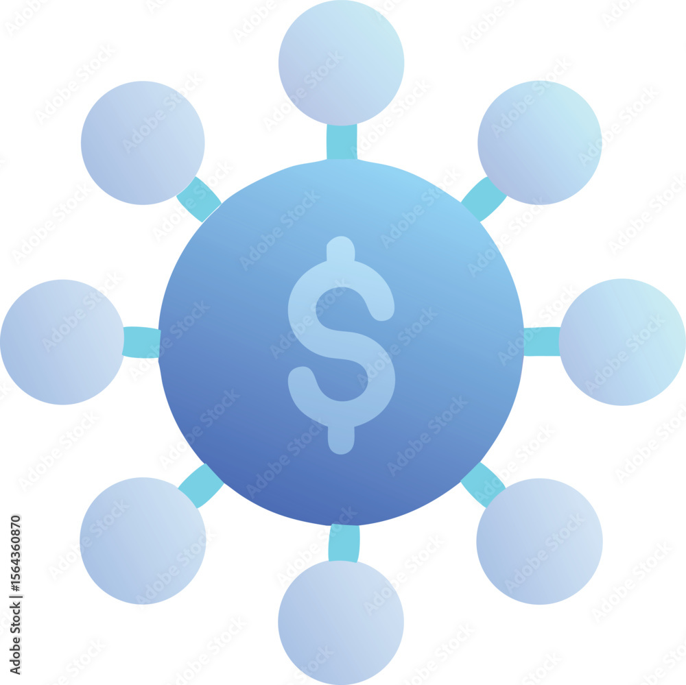 Poster vector art of a blue gradient dollar sign icon in the center of a network of circles, isolated on tr