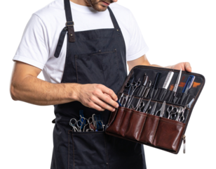  Side Profile of Barber in Apron Preparing Tools, Action Pose, Isolated on Transparent Background