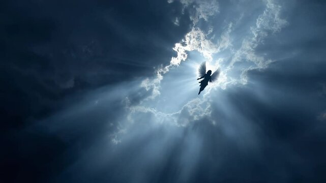 Majestic angel silhouette flying through clouds, illuminated by heavenly rays of sunlight