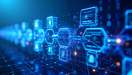 Fototapeta premium Blockchain Digital Network: Captivating visuals of a blockchain network, a core system of distributed ledger technology, interconnected with glowing lines.