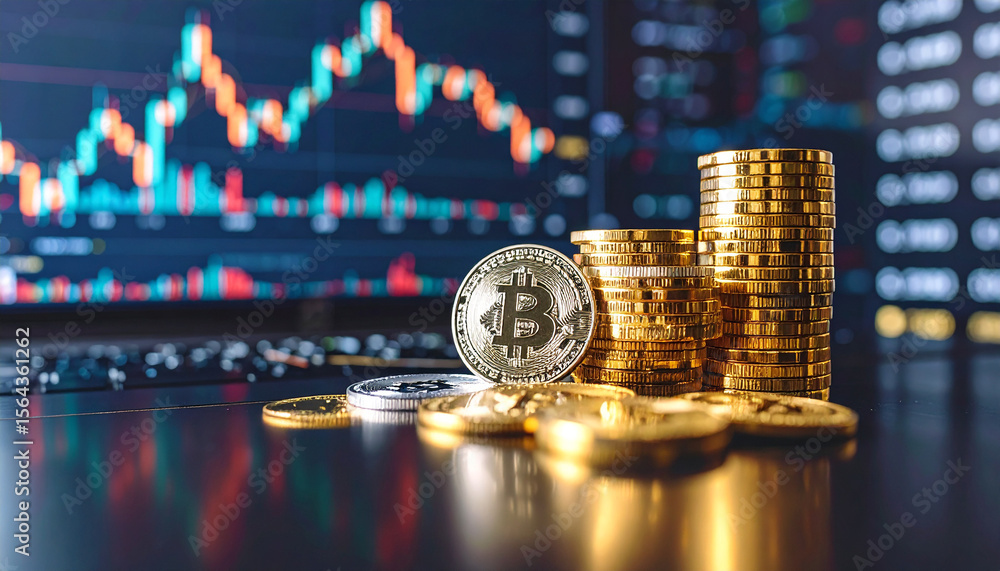Poster cryptocurrency investments: a close-up image of gold coins and a bitcoin coin in front of a computer