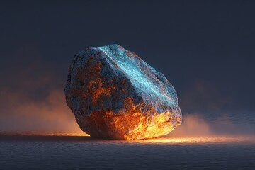 Large Meteorite Impact Rock with Fiery Glowing Surface in Dark Atmosphere