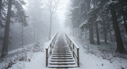 Serene winter scene featuring a snow-covered staircase leading into a foggy forest landscape