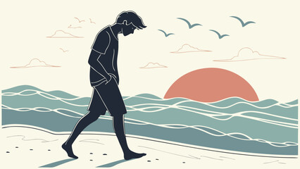 Young Man Walking Alone on Beach at Sunset – Reflection and Solitude Vector Scene