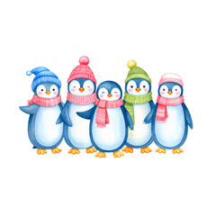 Fototapeta premium A funny cartoon illustration of cute penguins and a snowman celebrating Christmas by a festive winter tree, adorned with holiday decorations
