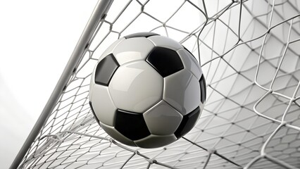 
A classic black and white soccer ball is captured in mid-air, having just hit the back of a goal net, set a clean white background.