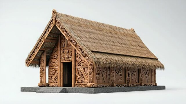 Captivating Close-Up Shot of Traditional Māori Whare, Detailed Wood Carvings and Thatched Roof