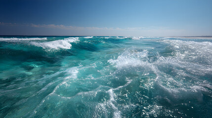 Infinite Turquoise: Capturing the Mesmerizing Dance of Ocean Waves Under Azure Skies with Shimmering Sunlit Crests