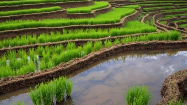 A breathtaking vista of meticulously terraced rice paddies in a lush, green landscape, reflecting the sky. Capturing the beauty of agricultural precision and harmonious integration with nature.