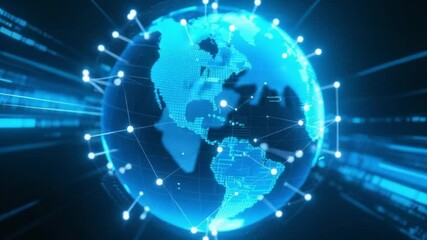 Earth Globe 3D Render 4K HD Video Footage Download, Holographic Digital Network with Glowing Blue Lines and Futuristic Space Energy Visualization Background - Powered by Adobe