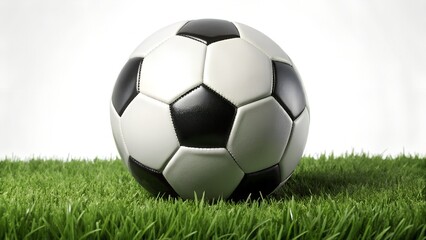 Obraz premium A classic black and white soccer ball rests on a patch of green grass against a plain white background.