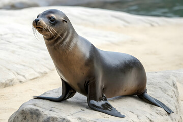 Sea Lion on a Rock: A captivating sea lion, with its sleek, dark coat and expressive features, rests gracefully on a textured rock.