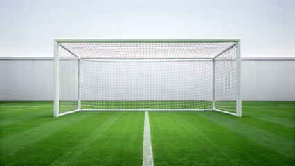  white soccer goal stands centered on a green field with a white line and penalty spot, against a stark white background.