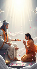 Naklejka na ściany i meble Guru Purnima Wisdom Offering – Divine Scene with Guru in White Robes Blessing His Devoted Student