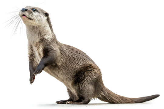 Otter's Curious Gaze: A sleek and expressive otter stands in an attentive pose, captivated by something unseen, its gaze turned skyward in a moment of focused wonder. 