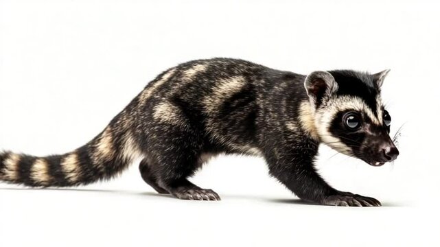 Close-up studio shot of an Asian Palm Civet, showcasing its distinctive striped markings and
