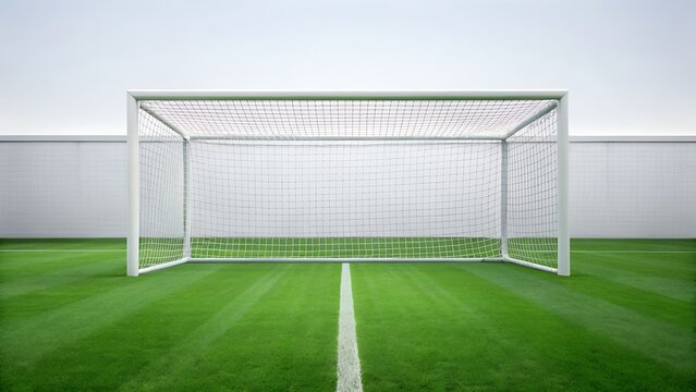  white soccer goal stands centered on a green field with a white line and penalty spot, against a stark white background.
