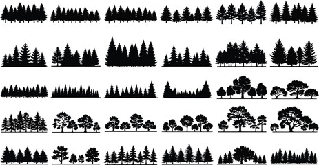 Collection of diverse black tree silhouettes including pine fir and deciduous trees in various forest arrangements