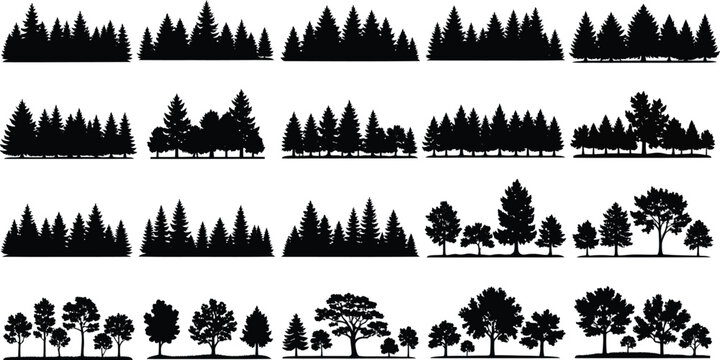 Collection of diverse black silhouette forest tree lines and natural landscape elements