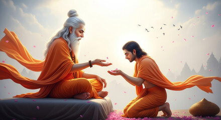 Guru Purnima Ritual in Divine Light &ndash; Master Blessing Devotee with Knowledge in Sacred Atmosphere