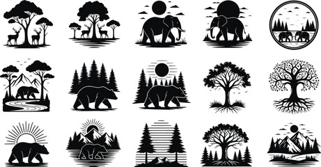 Collection of black silhouette wildlife and nature scenes with trees mountains elephants bears and deer