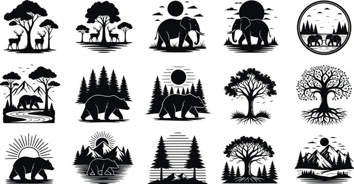 Collection of black silhouette wildlife and nature scenes with trees mountains elephants bears and deer - Powered by Adobe