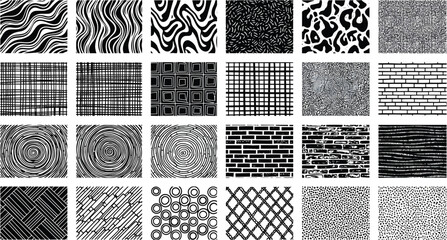 Collection of black and white graphic patterns including wavy lines grids animal prints and textured backgrounds