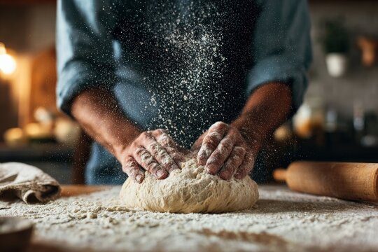 Close up of baker's hands kneading dough on a wooden table, flour flying around, creating a cozy home baking scene - Powered by Adobe