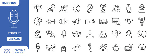Classic Microphone Icon with Sound Waves Podcast Line Art Symbol.