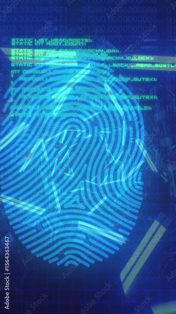 Poster bio metric fingerprint scanner and data processing against glowing tunnel