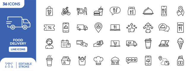 Collection of 36 Food Delivery Line Icons: Editable Stroke Fast Delivery Truck Mobile Ordering Restaurant Chef Hat and More.
