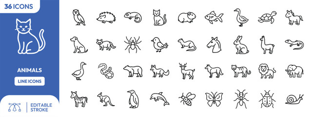 Collection of Outline Animal Icons in Editable Stroke Style.