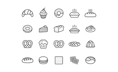 Assorted Bakery Icons: Croissant Cupcake Donut Pie Bread Pretzel Macaron Cracker.
