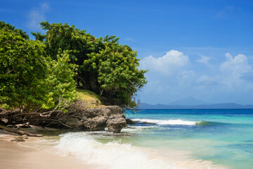 Tropical beach with blue water and rock.