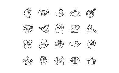 Collection of Linear Icons: Concepts of Teamwork Justice Peace and Innovation.