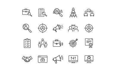 Collection of Linear Business Icons: Recruitment Teamwork and Marketing.