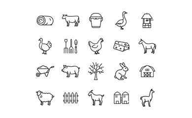 Farm Animals and Tools Line Art Icons Set Minimalist Style.