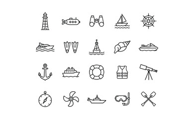 Collection of Nautical and Water Sports Line Icons.