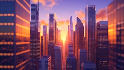 Obraz premium Modern skyscrapers illuminated by the warm glow of a vibrant sunset casting long shadows across the cityscape