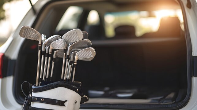 Golf bag with clubs neatly packed inside an open car trunk ready for the course. Concept of leisure and travel. - Powered by Adobe
